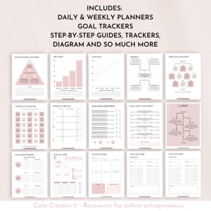 May include: A printable planner with pink and white accents. The planner includes daily and weekly planners, goal trackers, step-by-step guides, trackers, diagrams, and more. The text "INCLUDES: DAILY & WEEKLY PLANNERS GOAL TRACKERS STEP-BY-STEP GUIDES, TRACKERS, DIAGRAM AND SO MUCH MORE" is at the top of the page.
