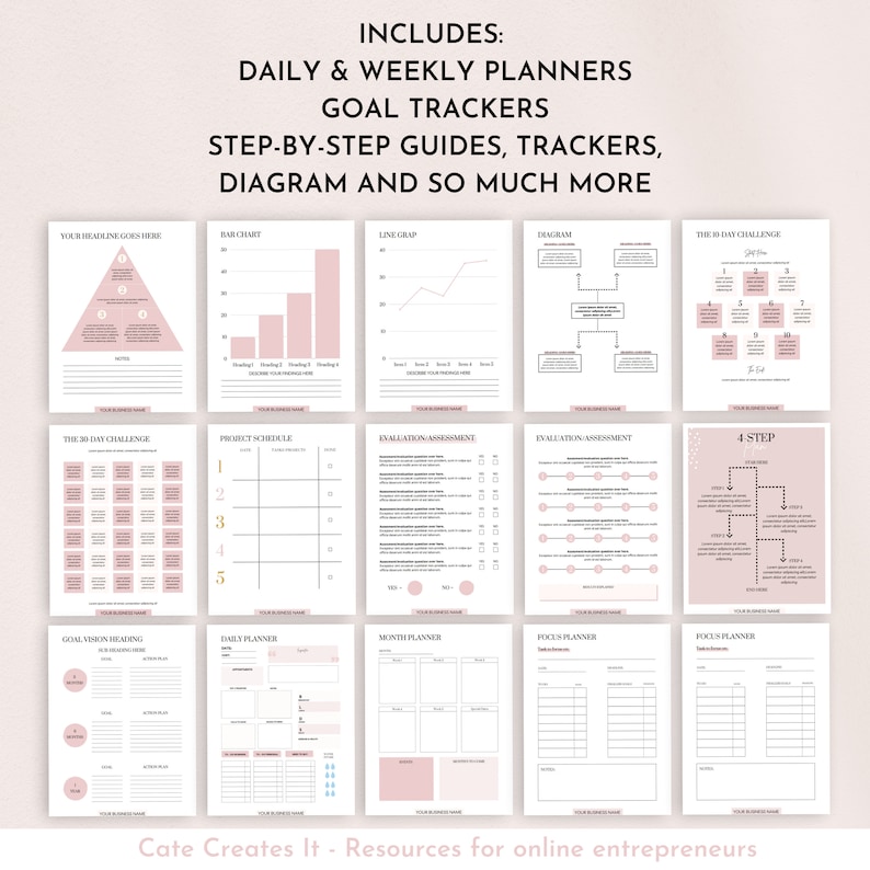 May include: A printable planner with pink and white accents. The planner includes daily and weekly planners, goal trackers, step-by-step guides, trackers, diagrams, and more. The text "INCLUDES: DAILY & WEEKLY PLANNERS GOAL TRACKERS STEP-BY-STEP GUIDES, TRACKERS, DIAGRAM AND SO MUCH MORE" is at the top of the page.