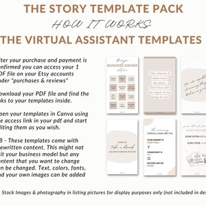K&ouml;nnte beinhalten: Ein digitaler Download von Canva-Vorlagen f&uuml;r virtuelle Assistenten. Die Vorlagen sind im minimalistischen Stil mit einem beige-braunen Farbschema gestaltet. Der Text auf den Vorlagen enth&auml;lt S&auml;tze wie "Nimm Risiken auf dich und triff be&auml;ngstigende Entscheidungen" und "Die Erfolgsformel sieht so aus: Deine Denkweise ist alles + Konsequenz ist der Schl&uuml;ssel = Erfolg wie kein anderer".