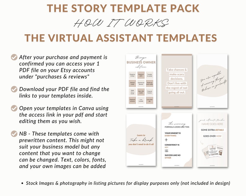 K&ouml;nnte beinhalten: Ein digitaler Download von Canva-Vorlagen f&uuml;r virtuelle Assistenten. Die Vorlagen sind im minimalistischen Stil mit einem beige-braunen Farbschema gestaltet. Der Text auf den Vorlagen enth&auml;lt S&auml;tze wie "Nimm Risiken auf dich und triff be&auml;ngstigende Entscheidungen" und "Die Erfolgsformel sieht so aus: Deine Denkweise ist alles + Konsequenz ist der Schl&uuml;ssel = Erfolg wie kein anderer".