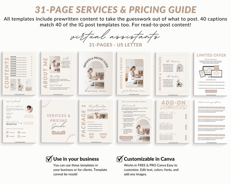 Op de afbeelding: Een 31-pagina gids voor virtuele assistenten, met een beige en bruine kleurschema. De gids bevat secties voor "Inhoud", "Over mij", "Diensten & Prijzen", "Missie & Waarden", "Beperkt aanbod", "Neem contact op", "Nieuwsbrief", "Diensten & Prijsgids", "Pakket 1", "Het Signature-aanbod", "Aanvullende diensten" en "FAQ". De gids is aanpasbaar in Canva.