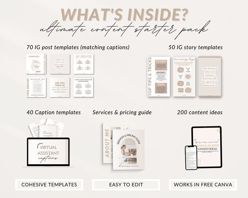 Op de afbeelding: Een digitale marketing content starter pack met 70 Instagram-posttemplates, 50 Instagram-storytemplates, 40 onderschrifttemplates, een service- en prijsgids en 200 contentidee&euml;n. De pack is ontworpen om te worden gebruikt in Canva.