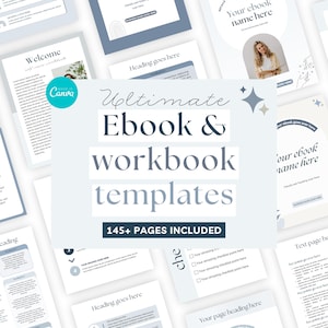 May include: A collection of ebook and workbook templates in shades of blue and white. The text "Ultimate Ebook & workbook templates" is prominently displayed, along with "145+ PAGES INCLUDED". Various page layouts are visible, including welcome pages and checklist sections.