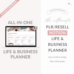 May include: A laptop screen displaying a Notion dashboard template for a life and business planner. The template is divided into sections for productivity, learning, personal, and health. The template is labeled "Life and Business dashboard".