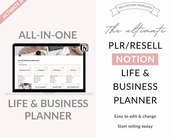 Notion PLR levens- en bedrijfsplanner, alles-in-één Notion planner, die meisje notie planner, Notion doorverkoop planner, PLR notie, Notion leven