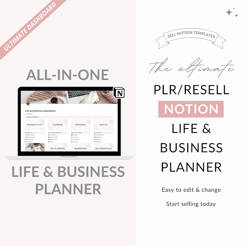 May include: A laptop screen displaying a Notion dashboard template for a life and business planner. The template is divided into sections for productivity, learning, personal, and health. The template is labeled "Life and Business dashboard".
