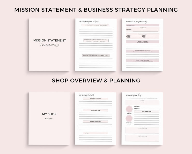 May include: A printable worksheet with a pink background and black text. The worksheet is divided into sections with titles such as "Mission Statement & Business Strategy Planning", "Shop Overview & Planning", and "Visualize Your Shop".