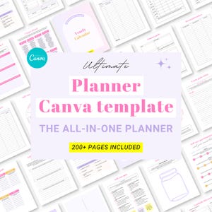 May include: A pink and purple digital planner template with the text "Ultimate Planner Canva Template" and "The All-In-One Planner 200+ Pages Included".