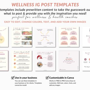 May include: A set of 10 pink and yellow wellness Instagram post templates for health coaches. The templates include prewritten content, journal prompts, and tips for taking breaks, boosting iron levels, and walking 10,000 steps. The templates are customizable in Canva.