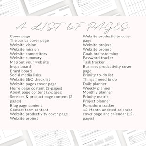 May include: A black and white printable checklist for website planning. The checklist includes sections for website content, website productivity, and business productivity. The text "A List of Pages" is written in cursive at the top of the page.