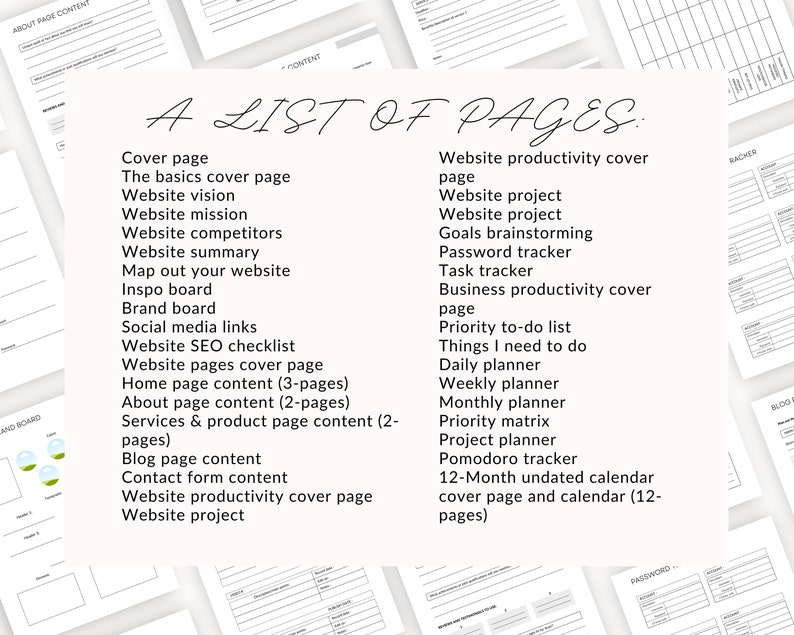 May include: A black and white printable checklist for website planning. The checklist includes sections for website content, website productivity, and business productivity. The text "A List of Pages" is written in cursive at the top of the page.