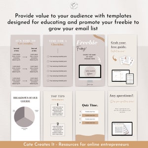 May include: A digital marketing template set with a neutral color palette. The templates include checklists, guides, and quiz formats. Text includes "Freebie Friday!" and "New Client Welcome". The image promotes resources for online entrepreneurs.