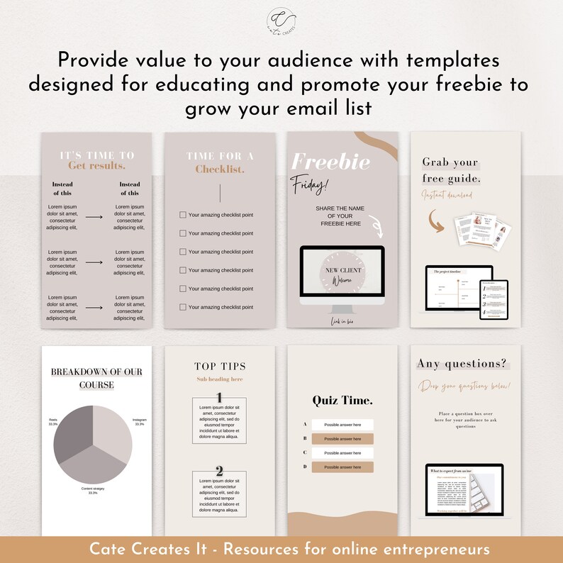 May include: A digital marketing template set with a neutral color palette. The templates include checklists, guides, and quiz formats. Text includes "Freebie Friday!" and "New Client Welcome". The image promotes resources for online entrepreneurs.