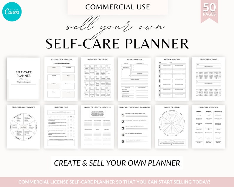 May include: A black and white printable self-care planner with 50 pages. The planner includes sections for self-care focus areas, gratitude, daily gratitude, weekly self-care, self-care actions, self-care and life balance, a self-care quiz, wheel of life evaluation, self-care questions and answers, wheel of life, and self-care activities.