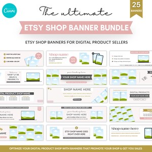 May include: An Etsy shop banner bundle with various designs. The image shows a pink banner with the text "ETSY SHOP BANNER BUNDLE" and "The ultimate" above it. The image also includes the text "25 Banners". The banners are for digital product sellers.