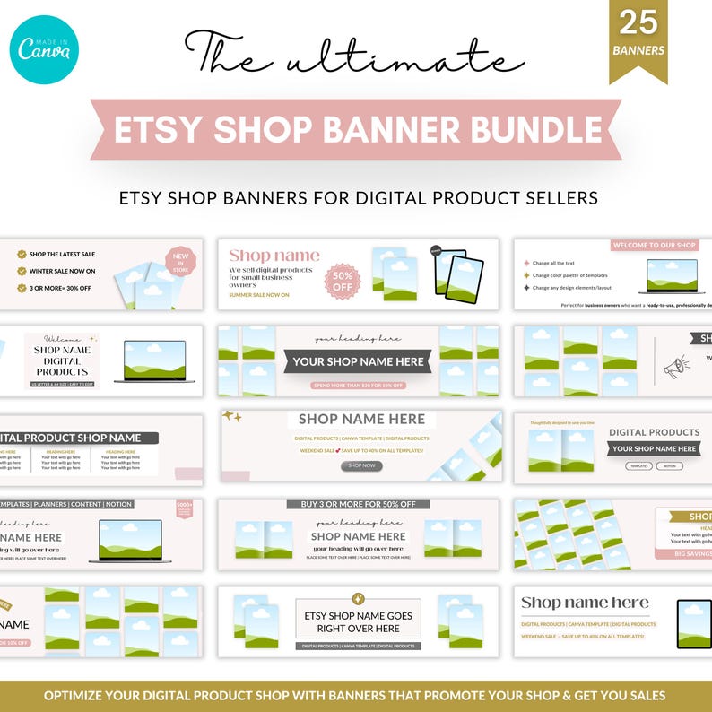 May include: An Etsy shop banner bundle with various designs. The image shows a pink banner with the text "ETSY SHOP BANNER BUNDLE" and "The ultimate" above it. The image also includes the text "25 Banners". The banners are for digital product sellers.