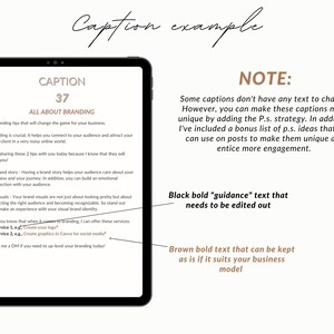 May include: A digital screen displaying a caption example for social media posts. The caption is about branding and includes tips for creating a brand story and visuals. The text on the screen reads "Caption 37 All About Branding". The screen is on a white background with a note about how to make captions more unique by adding a P.S. strategy.