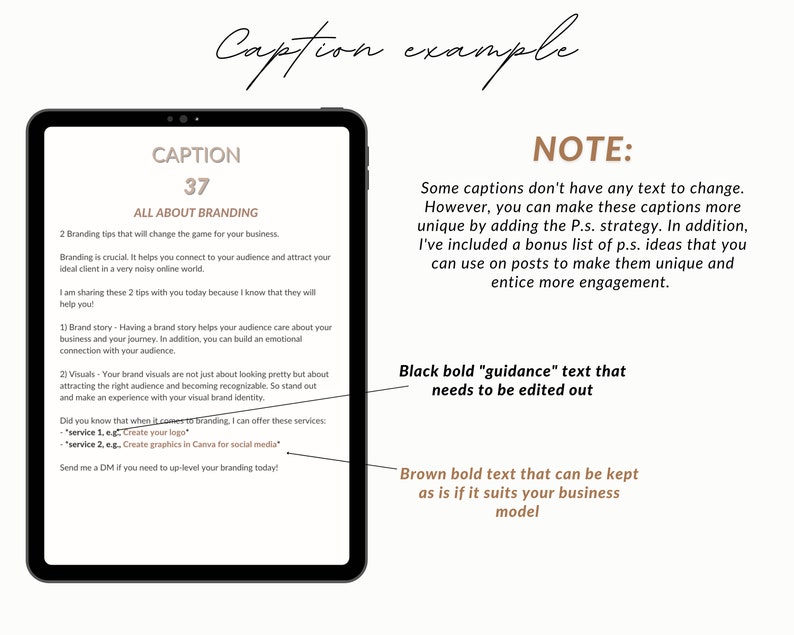 May include: A digital screen displaying a caption example for social media posts. The caption is about branding and includes tips for creating a brand story and visuals. The text on the screen reads "Caption 37 All About Branding". The screen is on a white background with a note about how to make captions more unique by adding a P.S. strategy.