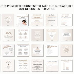 May include: A collage of 16 beige and white squares with text and images. The text includes phrases like "Realign with WHY you do what you do on a regular basis", "Are you tired of social media anymore?", "Want to work with me?", "My Services", "4 Ways to Save Time in Your Online Business", "Insta Changes to Make", "Time Spent as a Virtual Assistant", "Manage Your Time Better Right Now", "What Can I Do For You?", "Things I Do Everyday", "Running a Business is Not Always Easy But is 100% Always Worth It", "When You Work With Me", "Tools Used in My Services".
