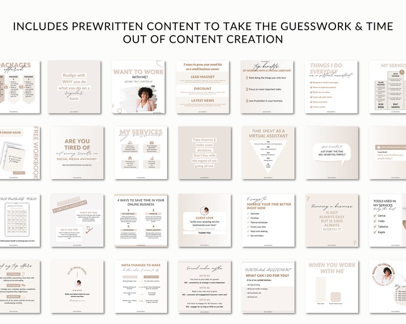 May include: A collage of 16 beige and white squares with text and images. The text includes phrases like "Realign with WHY you do what you do on a regular basis", "Are you tired of social media anymore?", "Want to work with me?", "My Services", "4 Ways to Save Time in Your Online Business", "Insta Changes to Make", "Time Spent as a Virtual Assistant", "Manage Your Time Better Right Now", "What Can I Do For You?", "Things I Do Everyday", "Running a Business is Not Always Easy But is 100% Always Worth It", "When You Work With Me", "Tools Used in My Services".