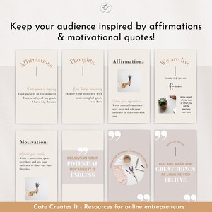 May include: A promotional graphic with the text "Keep your audience inspired by affirmations & motivational quotes!" Several cards display affirmations, thoughts, and motivational quotes. The graphic is designed for online entrepreneurs.