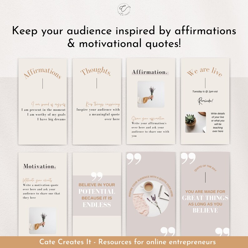 May include: A promotional graphic with the text "Keep your audience inspired by affirmations & motivational quotes!" Several cards display affirmations, thoughts, and motivational quotes. The graphic is designed for online entrepreneurs.
