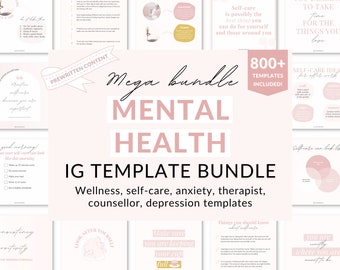 May include: A pink and white digital marketing template bundle for mental health. The bundle includes over 800 templates for Instagram posts and stories. The text on the image reads "Mega Bundle Mental Health IG Template Bundle Wellness, self-care, anxiety, therapist, counsellor, depression templates".
