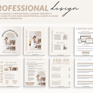 May include: A beige and brown professional services and pricing guide template with the text "SERVICES & PRICING GUIDE" and "BUSINESS NAME" in a circular arch. The template includes sections for "PACKAGE 1", "THE SIGNATURE", "MISSION & VALUES", "ADD-ON SERVICES", "LIMITED OFFER", and "FAQ".