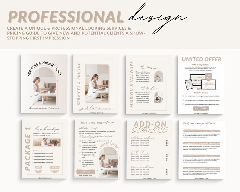 May include: A beige and brown professional services and pricing guide template with the text "SERVICES & PRICING GUIDE" and "BUSINESS NAME" in a circular arch. The template includes sections for "PACKAGE 1", "THE SIGNATURE", "MISSION & VALUES", "ADD-ON SERVICES", "LIMITED OFFER", and "FAQ".