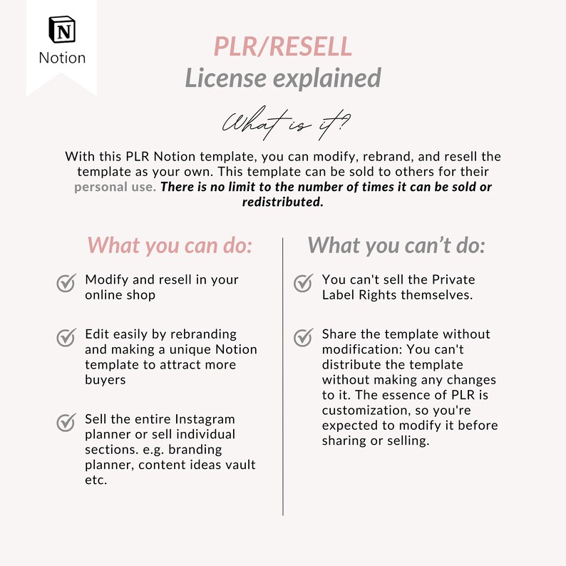May include: A graphic explaining the terms of a Private Label Rights (PLR) resell license for a Notion template. The graphic lists what you can and can't do with the template, such as modify, rebrand, and resell it in your online shop. It also states that you can't sell the Private Label Rights themselves or share the template without modification.
