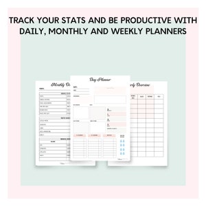 May include: Three printable planner pages for tracking daily, monthly, and weekly goals. The pages are designed with a minimalist aesthetic and feature a light pink and blue color scheme.