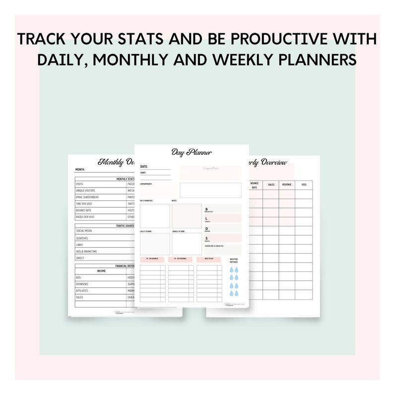 May include: Three printable planner pages for tracking daily, monthly, and weekly goals. The pages are designed with a minimalist aesthetic and feature a light pink and blue color scheme.