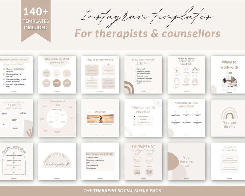 May include: A digital social media pack for therapists and counselors with 140+ templates. The templates feature a minimalist design with a neutral color palette of beige and brown. The text includes phrases like "Ways to work with me", "You can do this", and "You deserve rest".