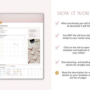 May include: A digital planner template for email marketing, featuring a calendar, a table, and instructions on how to use the template. The template is available as a PDF download and includes a link to a Notion template.
