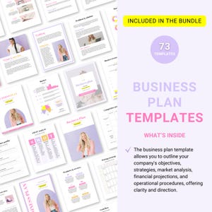 May include: A collection of 73 business plan templates in a pink and purple color scheme. The templates include sections for vision and mission, market analysis, SWOT analysis, financial projections, and more. The text "INCLUDED IN THE BUNDLE" and "73 TEMPLATES" is displayed in yellow and white text on a purple background. The text "BUSINESS PLAN TEMPLATES" is displayed in white text on a pink background. The text "WHAT'S INSIDE" is displayed in white text on a purple background. The text "The business plan template allows you to outline your company's objectives, strategies, market analysis, financial projections, and operational procedures, offering clarity and direction." is displayed in black text on a white background.