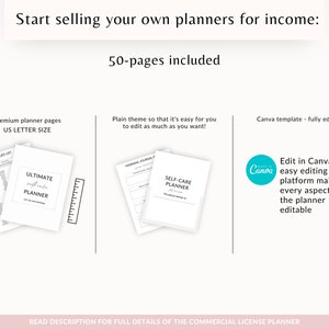 May include: A digital planner template for Canva, featuring a plain theme and 50 pages. The template is fully editable and includes pages for values lists, ultimate planners, morning journals, and self-care planners. The text "Start selling your own planners for income: 50-pages included" is at the top of the image.