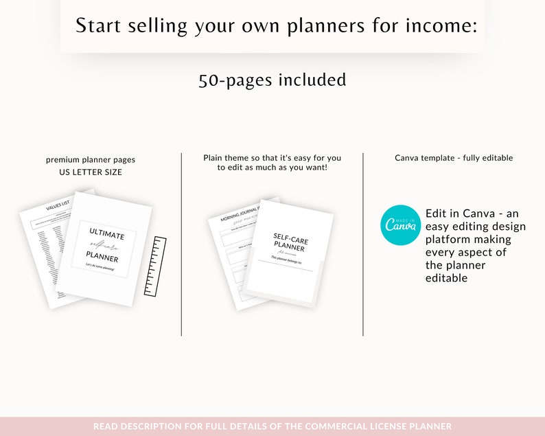 May include: A digital planner template for Canva, featuring a plain theme and 50 pages. The template is fully editable and includes pages for values lists, ultimate planners, morning journals, and self-care planners. The text "Start selling your own planners for income: 50-pages included" is at the top of the image.