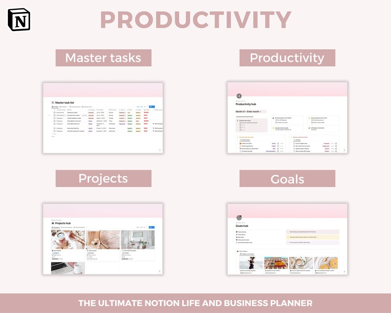 May include: A screenshot of a Notion workspace with the title "Productivity". The workspace is divided into four sections: Master tasks, Productivity, Projects, and Goals. Each section has a different layout and contains various elements, such as tables, lists, and images. The text "THE ULTIMATE NOTION LIFE AND BUSINESS PLANNER" is displayed at the bottom of the screenshot.