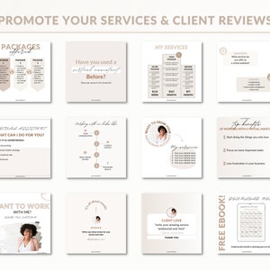 May include: A collage of nine Instagram story templates for promoting virtual assistant services. The templates feature text such as "Packages Offered", "Have you used a virtual assistant before?", "What can I do for you?", "Ready to grow your Instagram account", "Client Love", and "Free Ebook! Download Now".