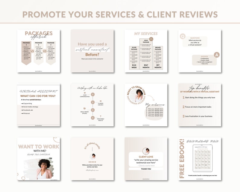 May include: A collage of nine Instagram story templates for promoting virtual assistant services. The templates feature text such as "Packages Offered", "Have you used a virtual assistant before?", "What can I do for you?", "Ready to grow your Instagram account", "Client Love", and "Free Ebook! Download Now".
