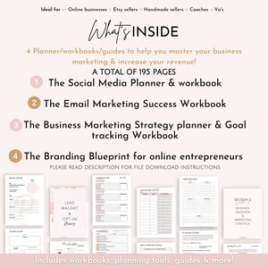 May include: A pink and white digital planner with four sections titled "The Social Media Planner & Workbook", "The Email Marketing Success Workbook", "The Business Marketing Strategy Planner & Goal Tracking Workbook", and "The Branding Blueprint for Online Entrepreneurs". The planner includes 195 pages and is ideal for online businesses, Etsy sellers, handmade sellers, coaches, and virtual assistants.