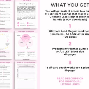 Puede incluir: Un paquete de coaching imprimible rosa y blanco con el texto "What You Get" y una lista de tres cuadernos de coaching: Ultimate Lead Magnet Workbook, Productivity Planner Bundle y Self-care Coach Workbook & Planner. El paquete incluye 100 p&aacute;ginas, 64 p&aacute;ginas y 41 p&aacute;ginas, respectivamente.