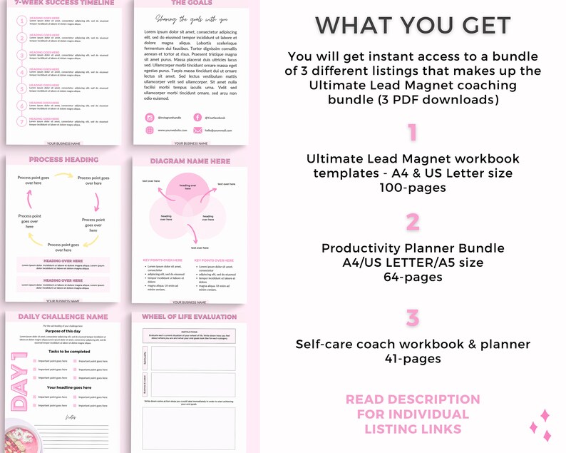 Puede incluir: Un paquete de coaching imprimible rosa y blanco con el texto "What You Get" y una lista de tres cuadernos de coaching: Ultimate Lead Magnet Workbook, Productivity Planner Bundle y Self-care Coach Workbook & Planner. El paquete incluye 100 p&aacute;ginas, 64 p&aacute;ginas y 41 p&aacute;ginas, respectivamente.