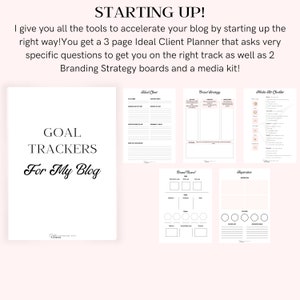 May include: A printable worksheet with the text "GOAL TRACKERS For My Blog" in black cursive font. The worksheet is divided into sections with titles like "Ideal Client", "Brand Strategy", "Media Kit Checklist", "Brand Board", and "Inspiration".