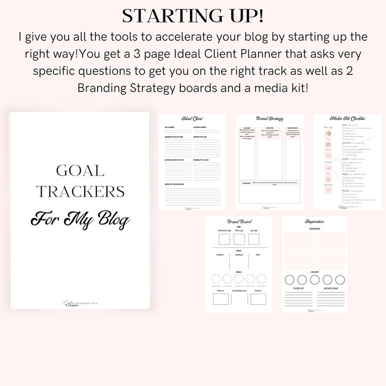 May include: A printable worksheet with the text "GOAL TRACKERS For My Blog" in black cursive font. The worksheet is divided into sections with titles like "Ideal Client", "Brand Strategy", "Media Kit Checklist", "Brand Board", and "Inspiration".
