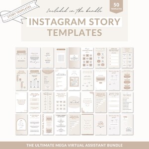 May include: A set of 50 Instagram story templates for virtual assistants. The templates are beige with black text and feature various topics such as client love, newsflash, top tips and tricks, and more.