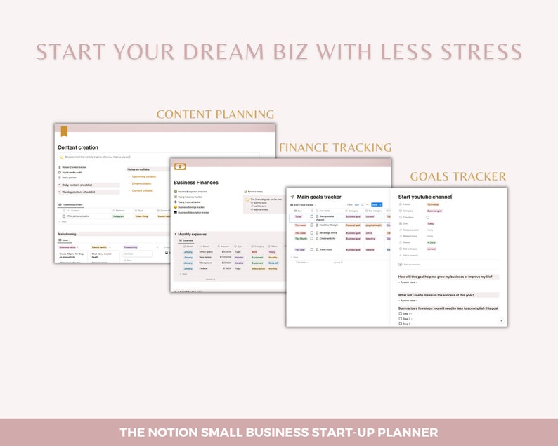 May include: A screenshot of a Notion workspace showing a business start-up planner with sections for content creation, content planning, finance tracking, and goals tracking. The planner includes sections for business finances, main goals tracker, and start youtube channel.
