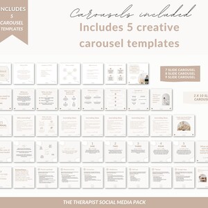 May include: A set of 5 social media carousel templates for therapists. The templates include a variety of topics, such as PTSD, journaling prompts, and self-care tips. The templates are designed in a minimalist style with a neutral color palette.