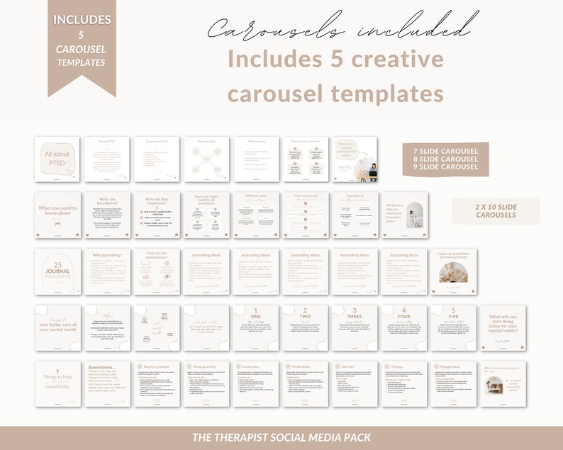 May include: A set of 5 social media carousel templates for therapists. The templates include a variety of topics, such as PTSD, journaling prompts, and self-care tips. The templates are designed in a minimalist style with a neutral color palette.