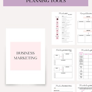 May include: A printable worksheet with planning tools for business marketing success. The worksheet includes sections for media kit checklist, competitor analysis, holiday marketing plan, product marketing, and marketing channels.